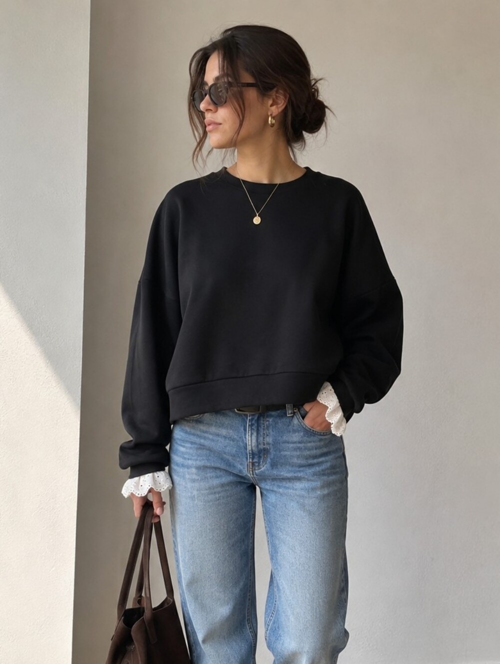 MAJE Black Lace Cuff Sweatshirt Pullover French Parisian Chic Size 1 S NWT